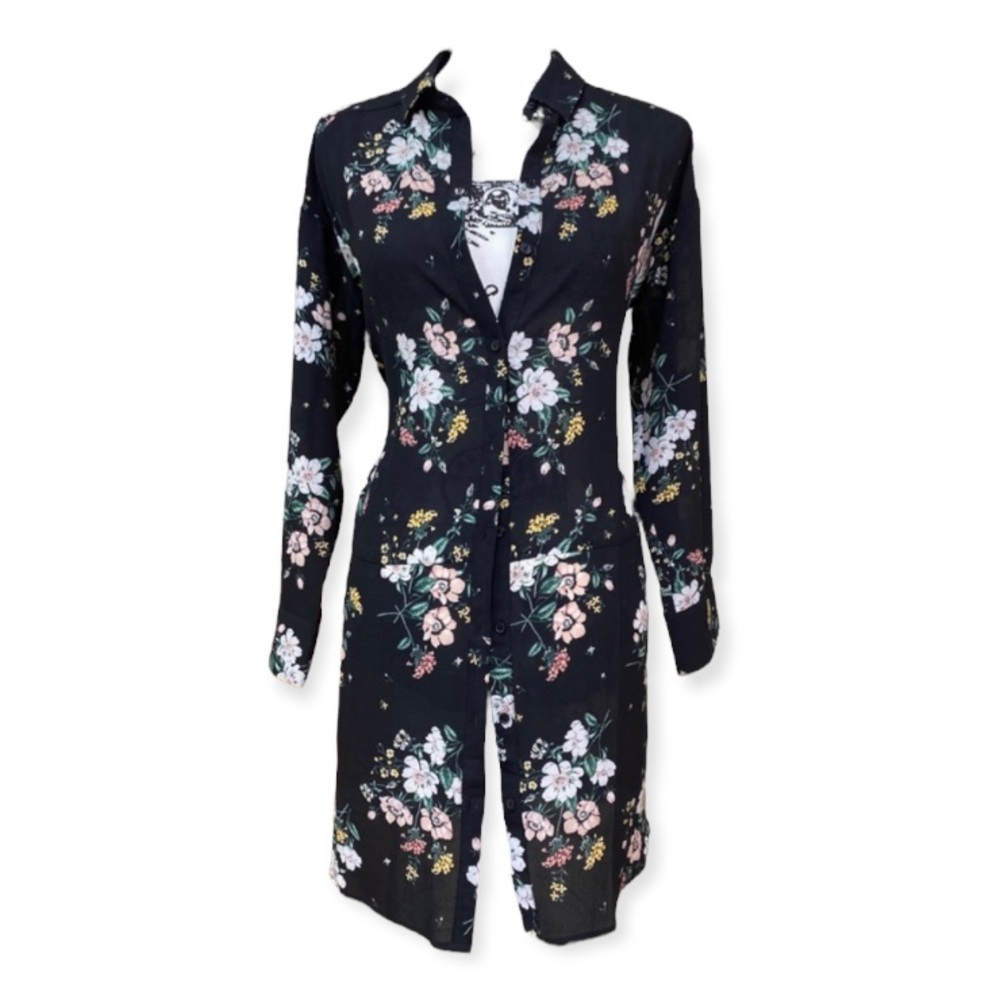 Divided Sheer Black Floral Long Button Down Shirt size 4